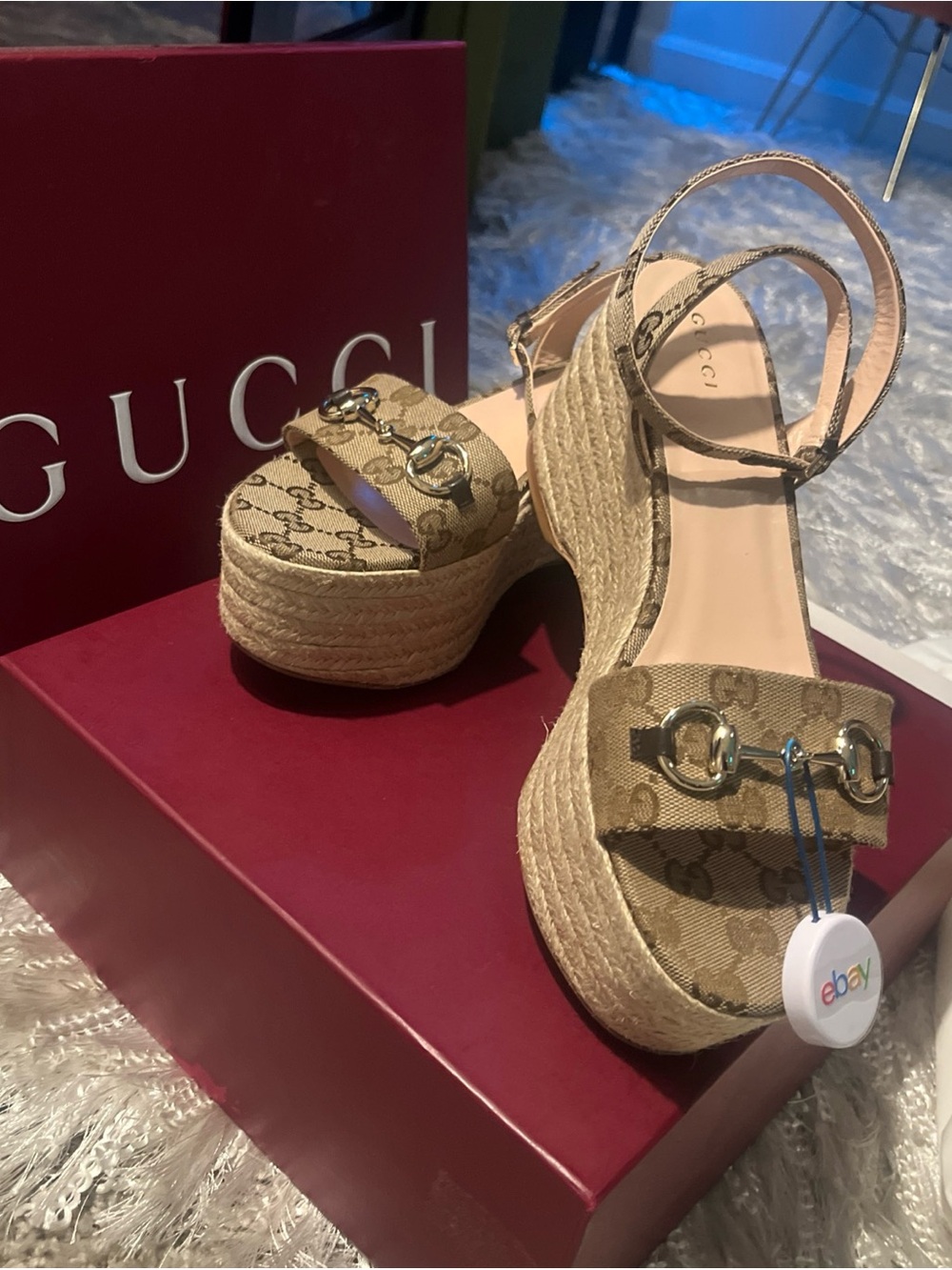 Gucci Brown Monogram Platform Espadrille Sandals with Gold Hardware